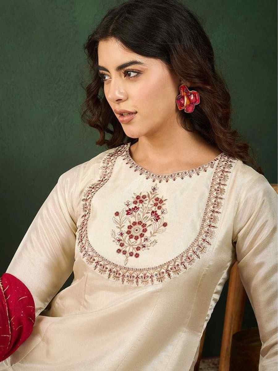 Off-White Vichitra Silk Embroidered Party Wedding Ready Anarkali Salwar Kameez