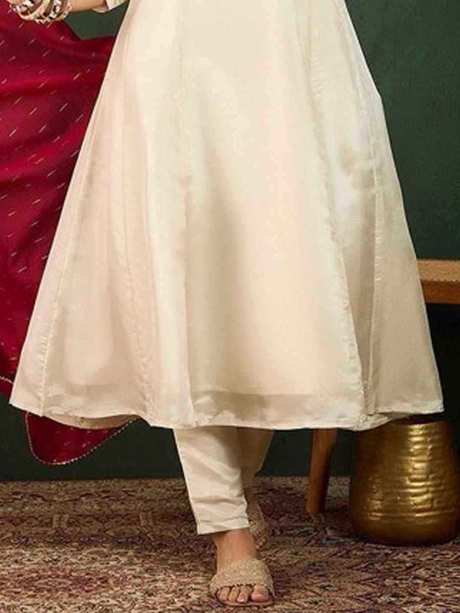 Off-White Vichitra Silk Embroidered Party Wedding Ready Anarkali Salwar Kameez