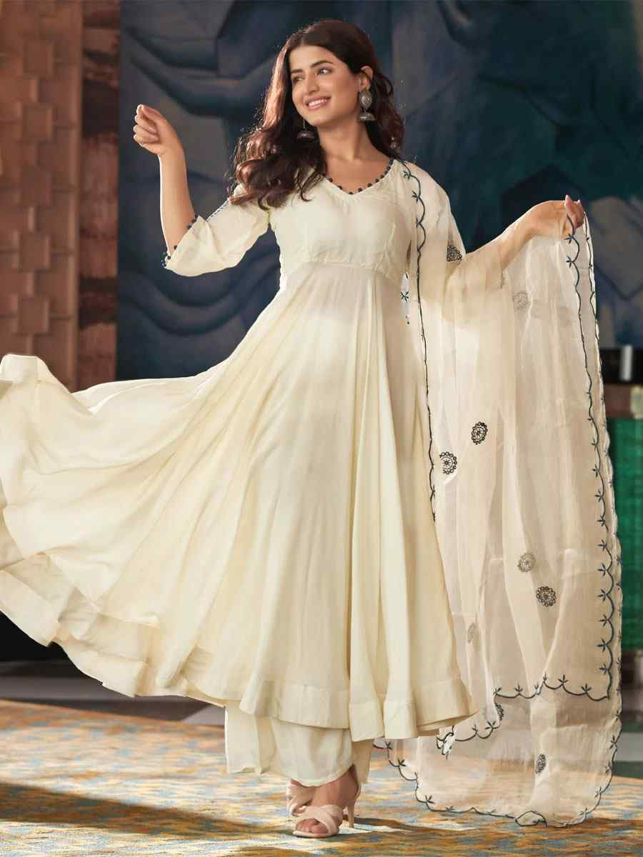 Off-White Vichitra Silk Embroidered Party Wedding Ready Palazzo pant Salwar Kameez