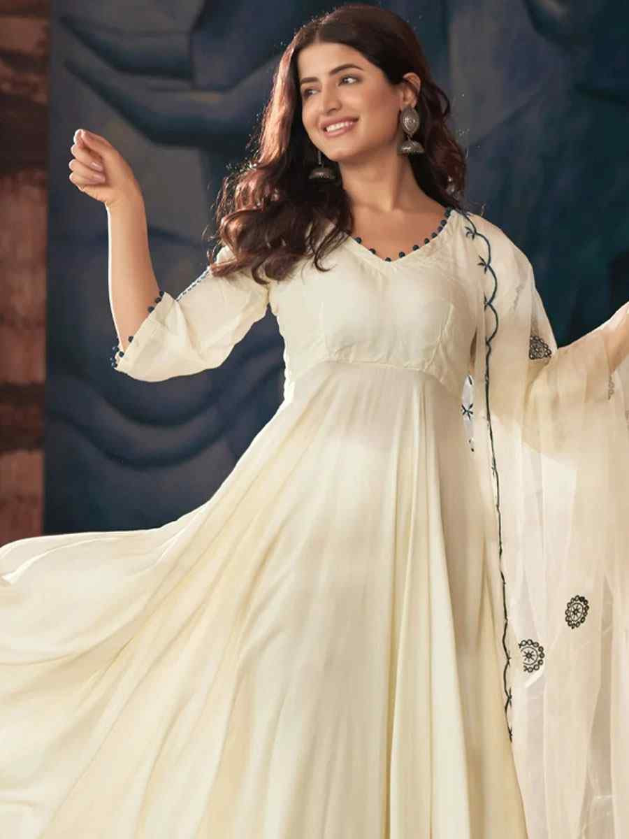 Off-White Vichitra Silk Embroidered Party Wedding Ready Palazzo pant Salwar Kameez