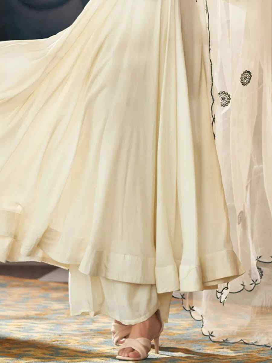 Off-White Vichitra Silk Embroidered Party Wedding Ready Palazzo pant Salwar Kameez