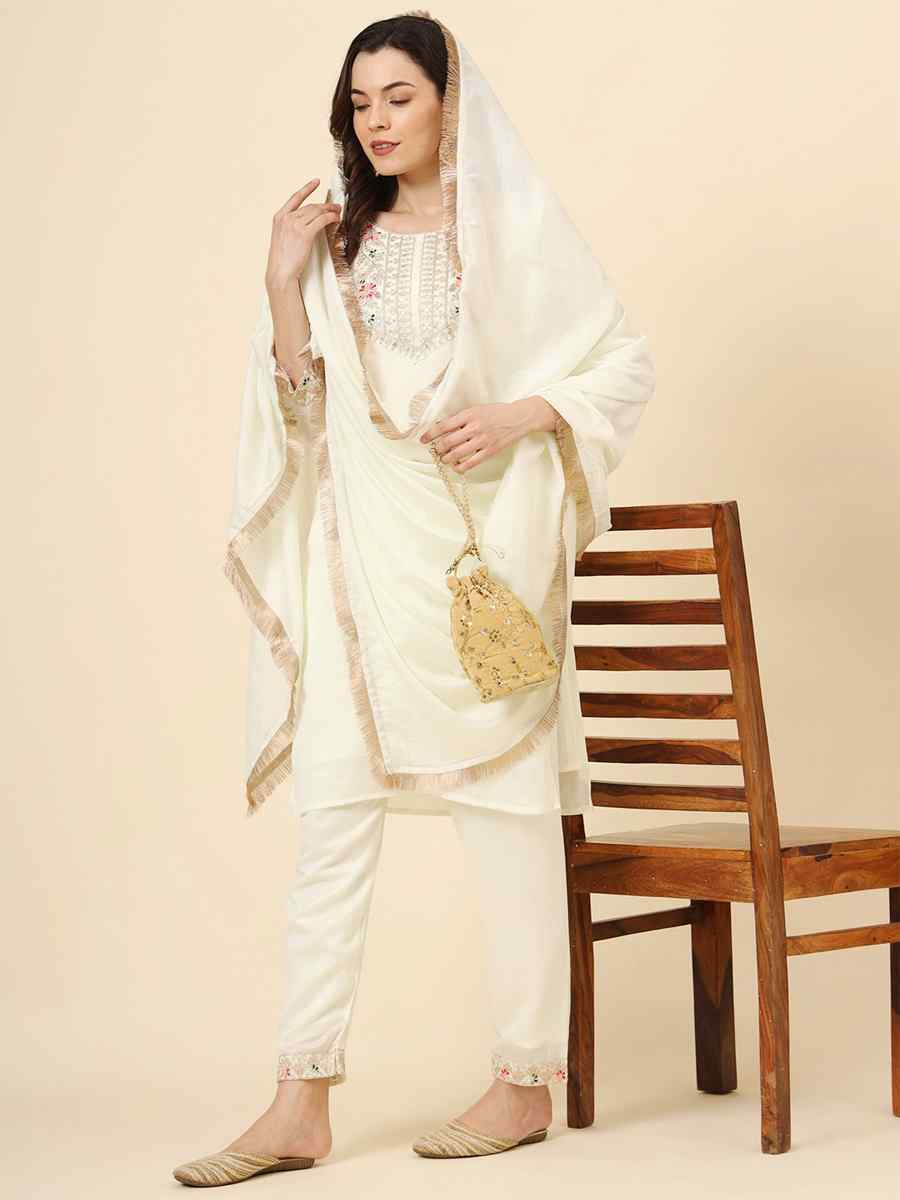 Off White Vichitra Silk Embroidered Party Wedding Ready Pant Salwar Kameez