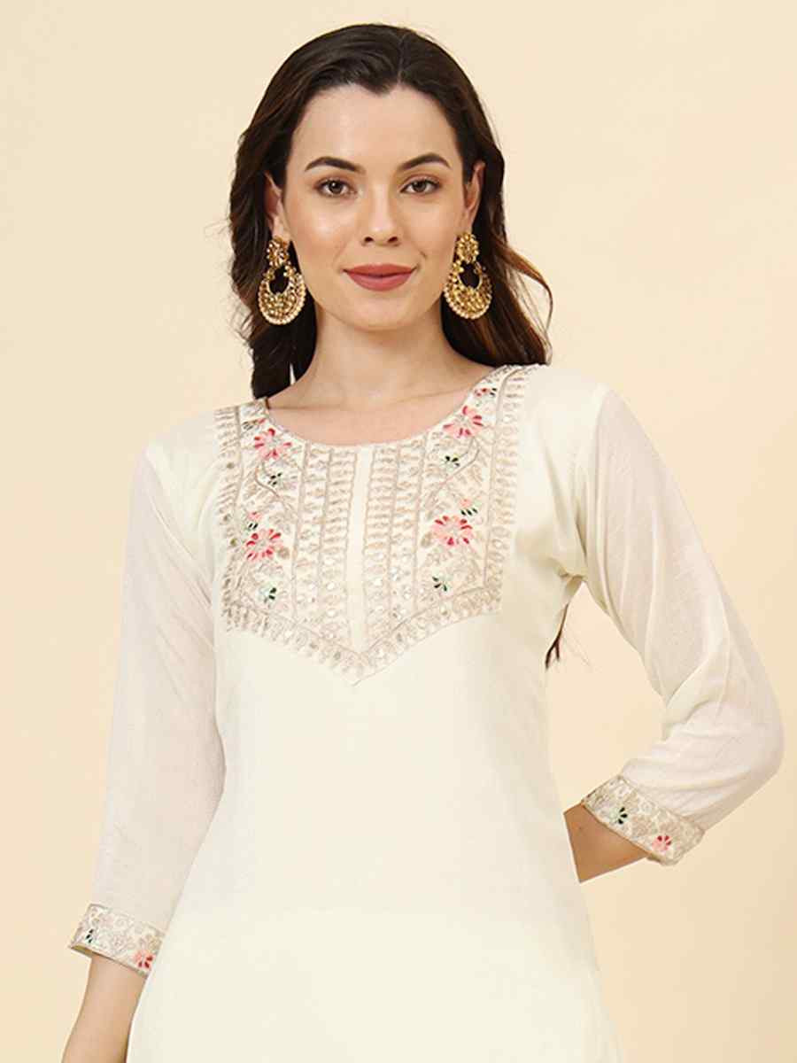 Off White Vichitra Silk Embroidered Party Wedding Ready Pant Salwar Kameez