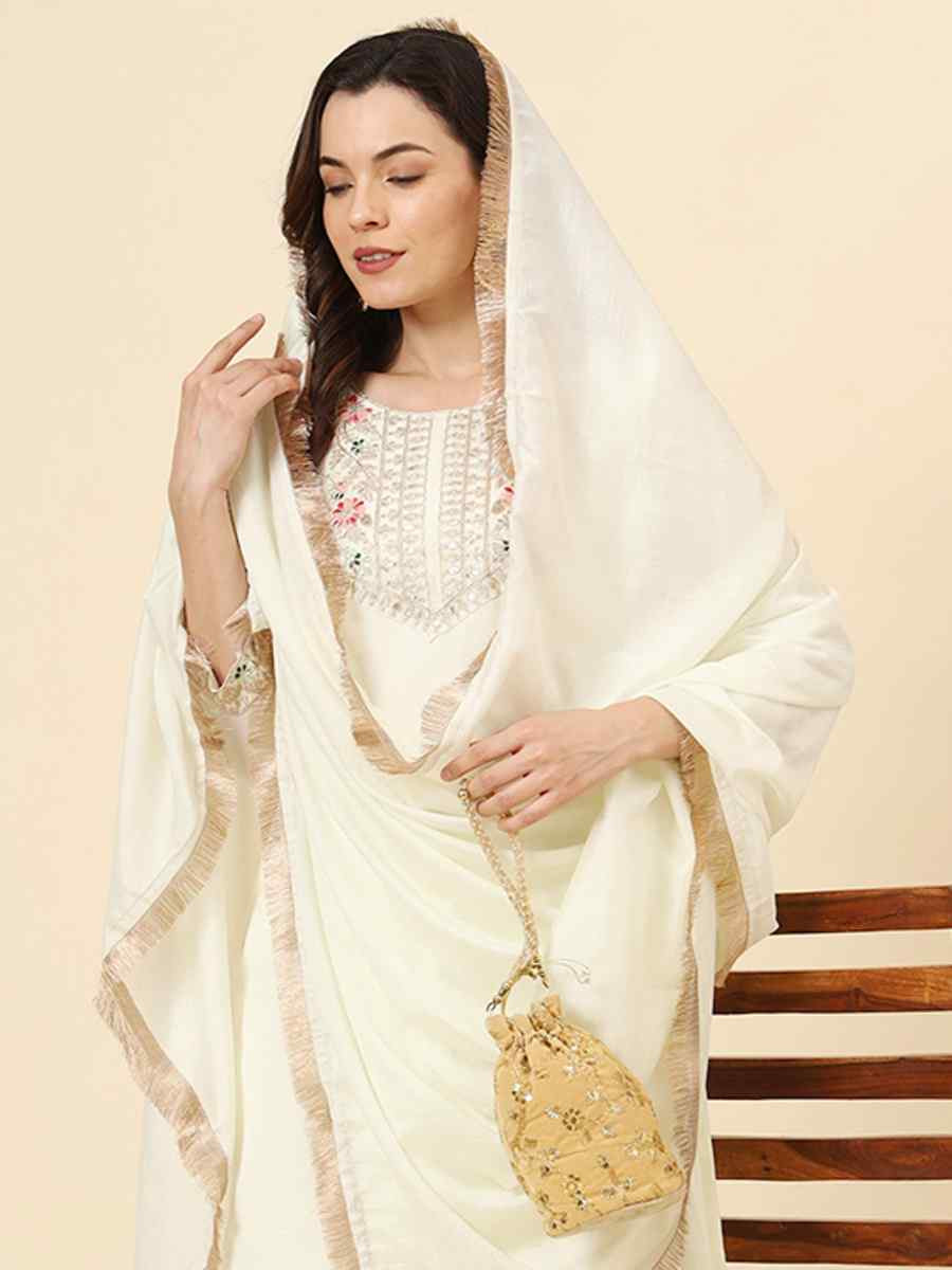 Off White Vichitra Silk Embroidered Party Wedding Ready Pant Salwar Kameez