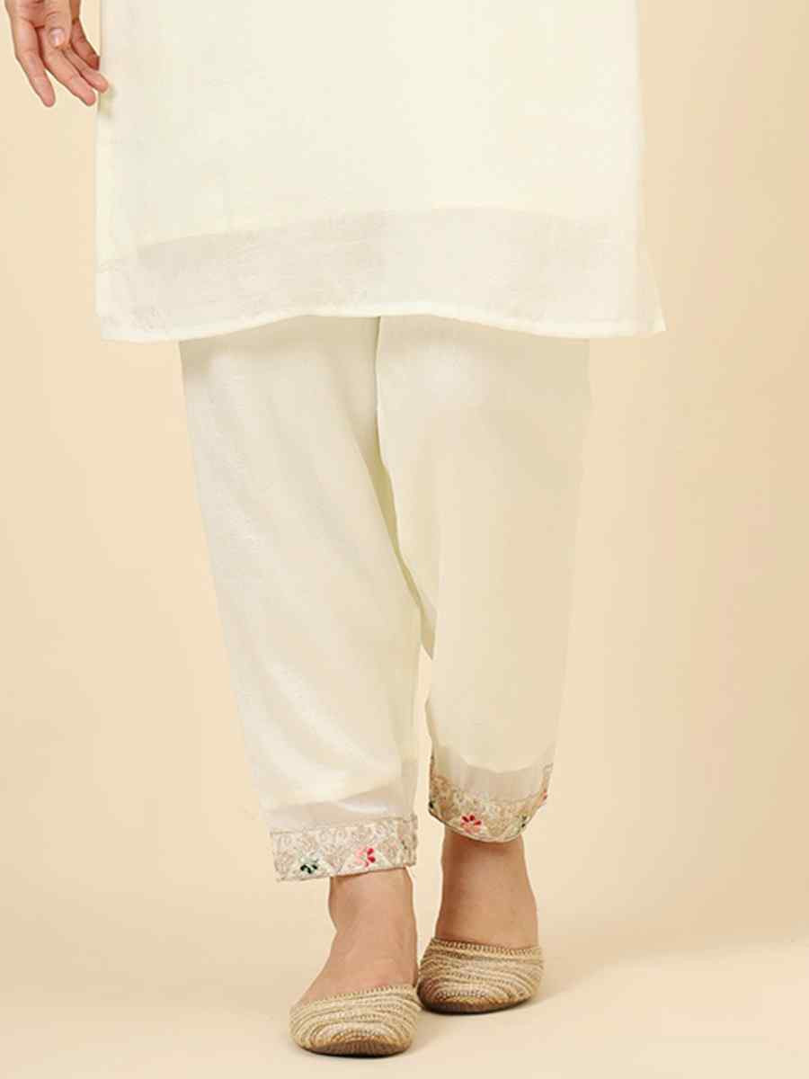 Off White Vichitra Silk Embroidered Party Wedding Ready Pant Salwar Kameez