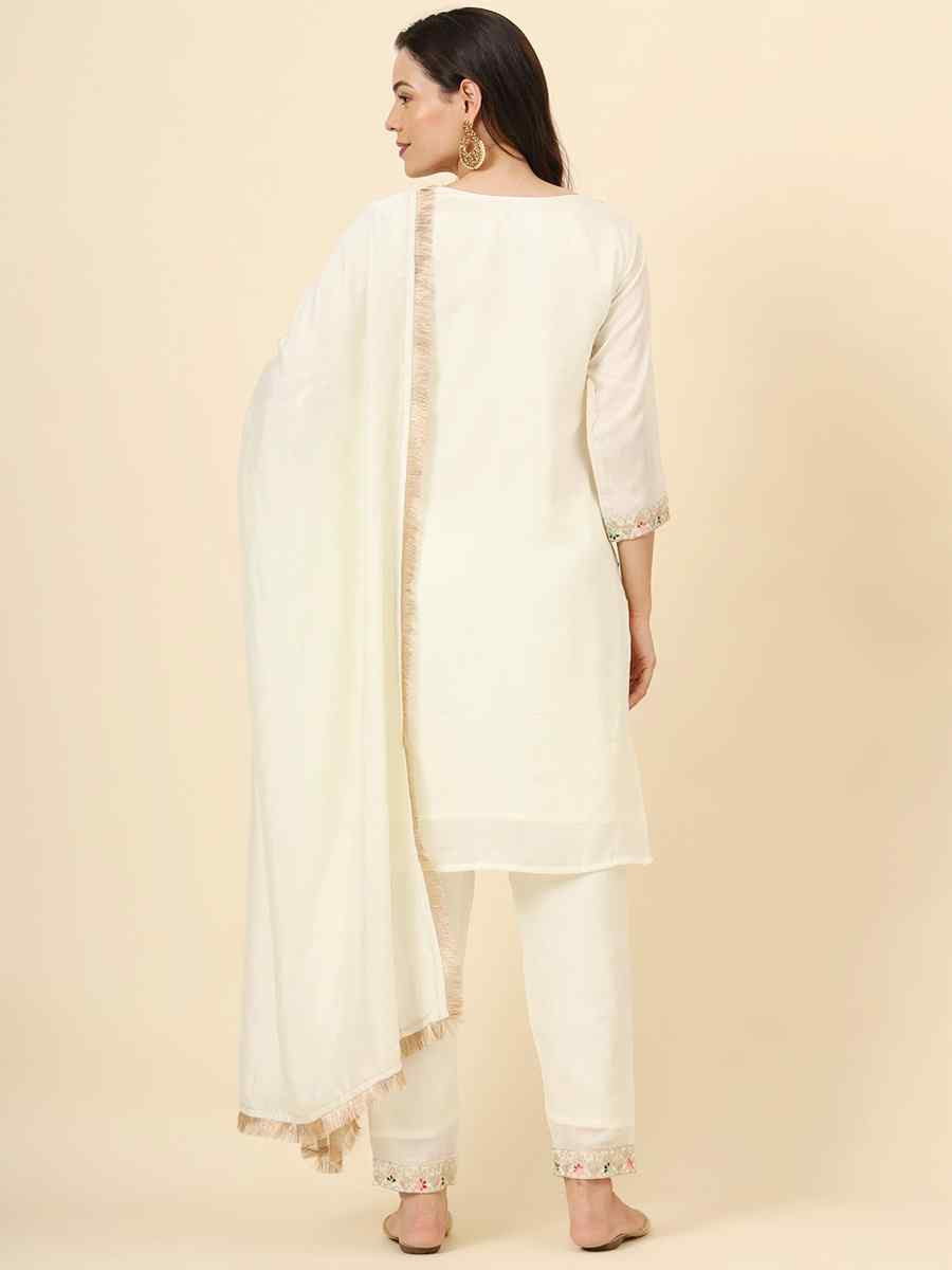 Off White Vichitra Silk Embroidered Party Wedding Ready Pant Salwar Kameez