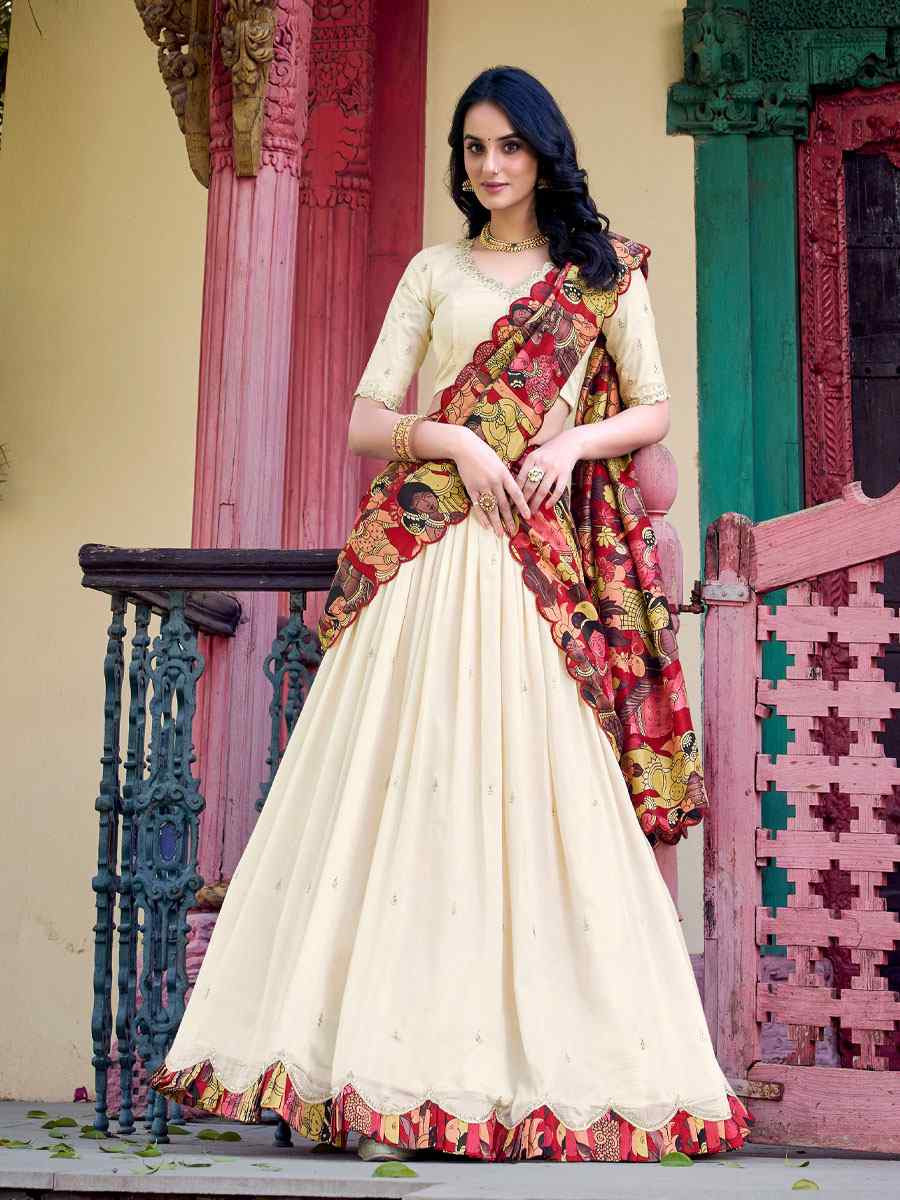 Off White Vichitra Silk Printed And Hand Embroidered Party Reception Wedding Lehenga Choli