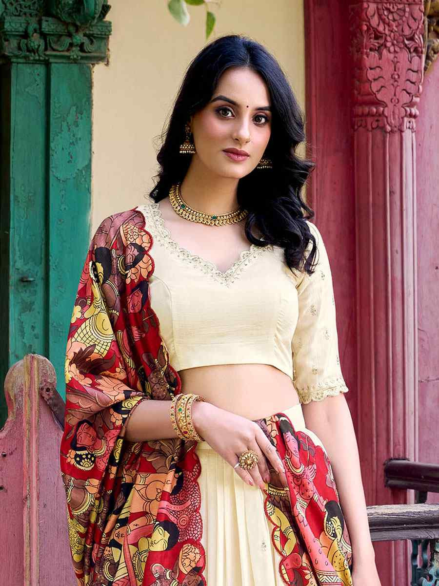 Off White Vichitra Silk Printed And Hand Embroidered Party Reception Wedding Lehenga Choli