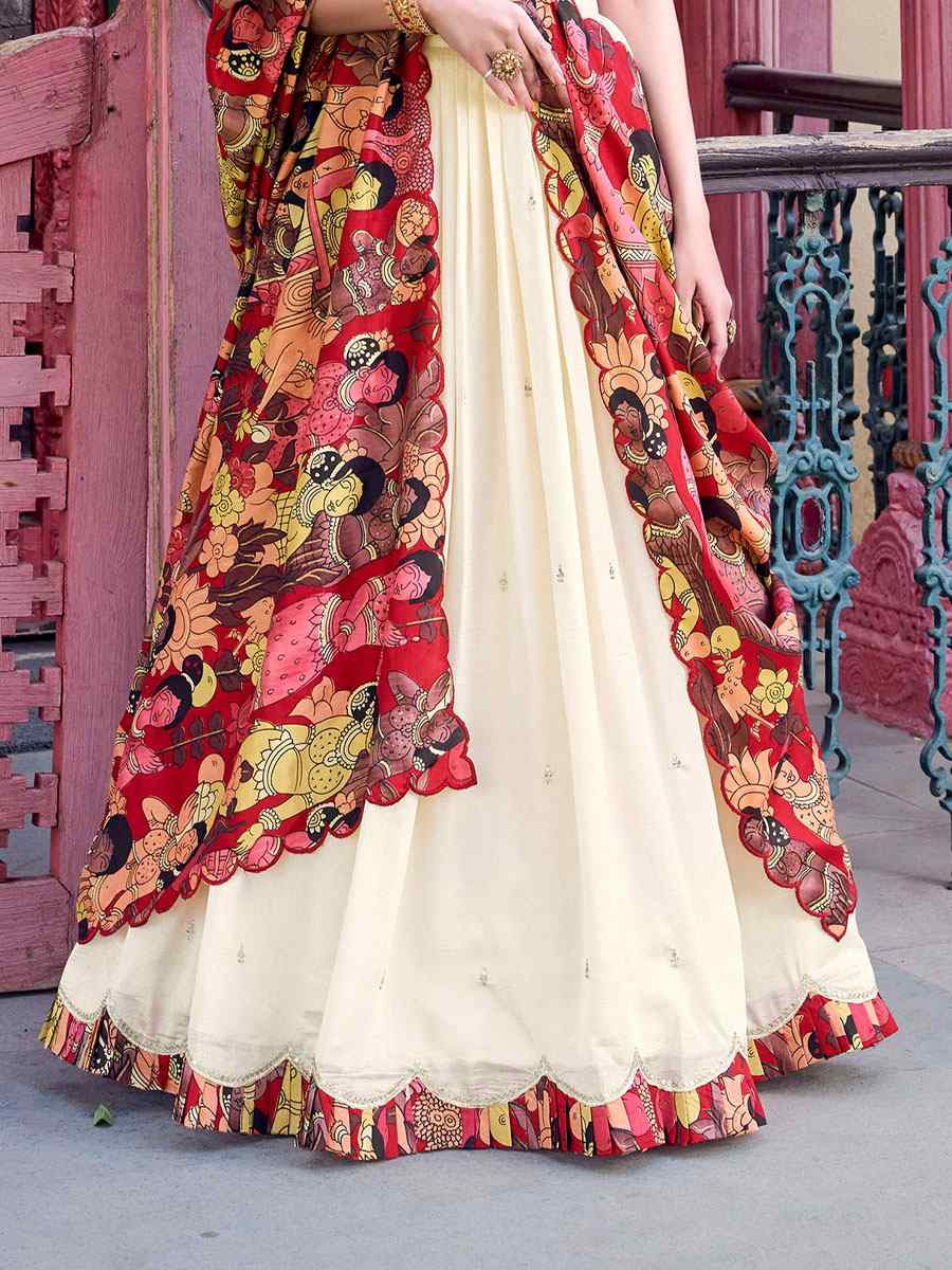 Off White Vichitra Silk Printed And Hand Embroidered Party Reception Wedding Lehenga Choli