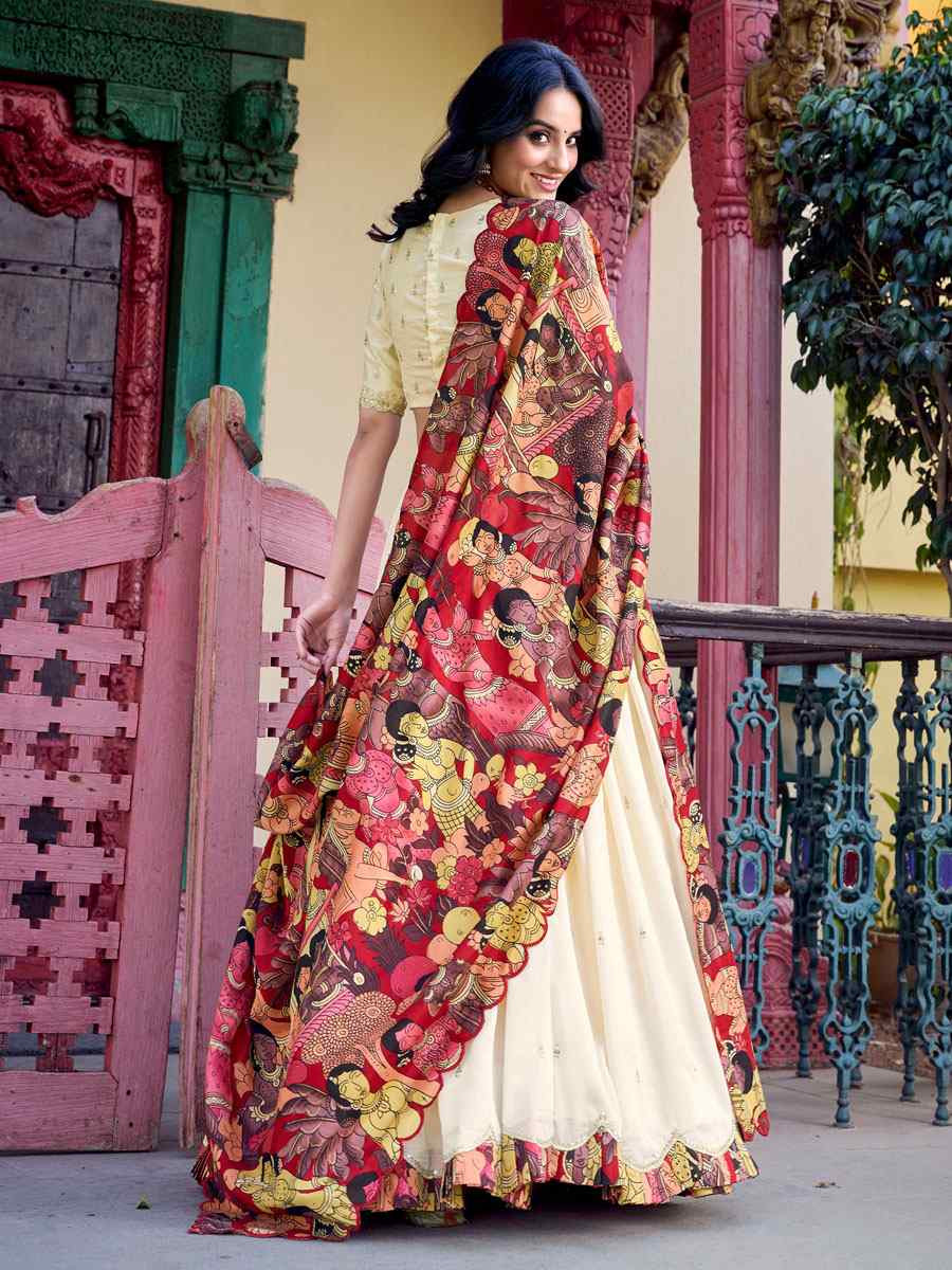 Off White Vichitra Silk Printed And Hand Embroidered Party Reception Wedding Lehenga Choli