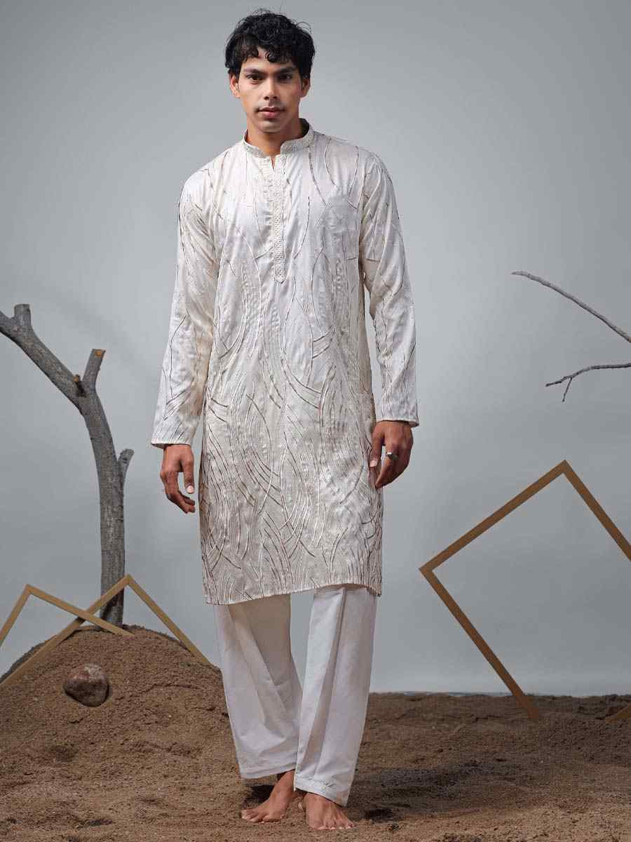 Off White Viscose  Embroidered Festival Casual Kurta
