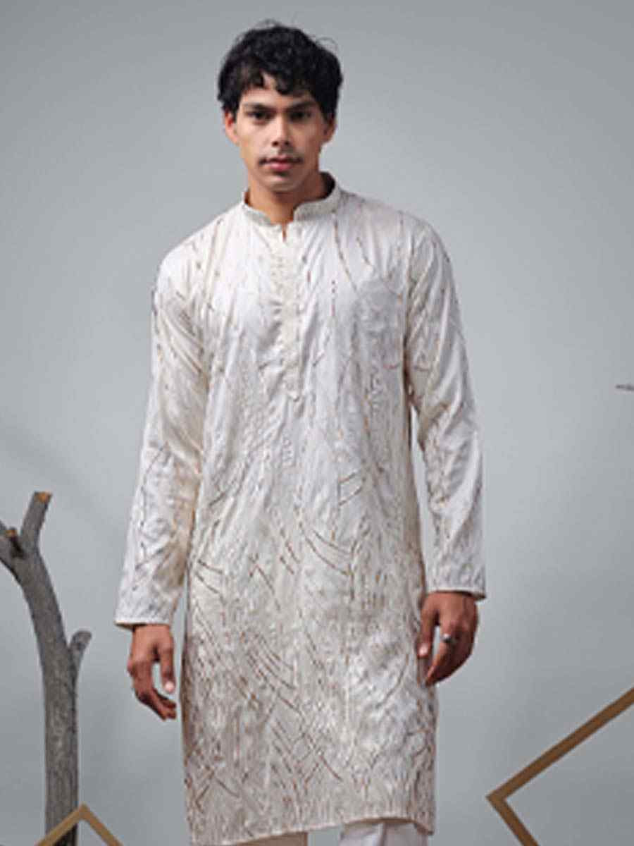 Off White Viscose  Embroidered Festival Casual Kurta