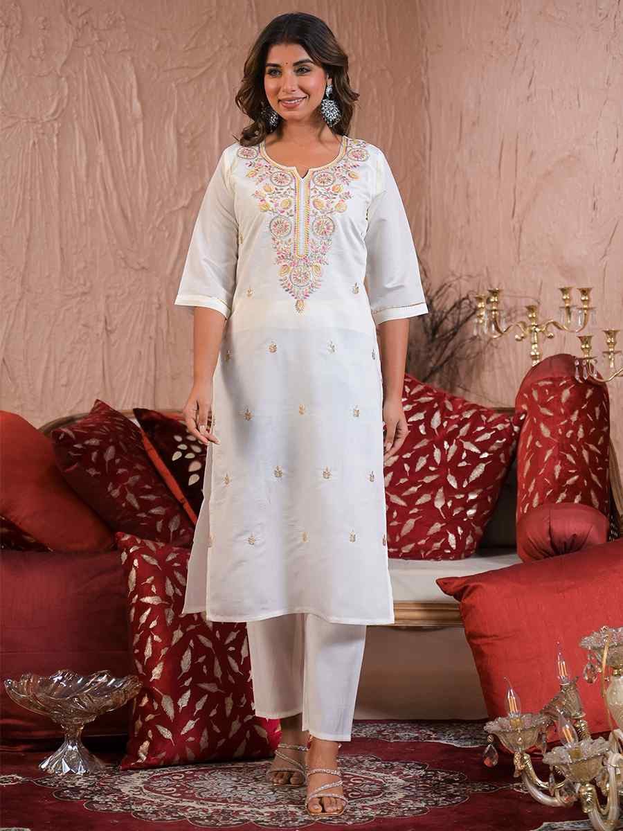 Off White Viscose Chanderi Embroidered Festival Casual Ready Pant Salwar Kameez