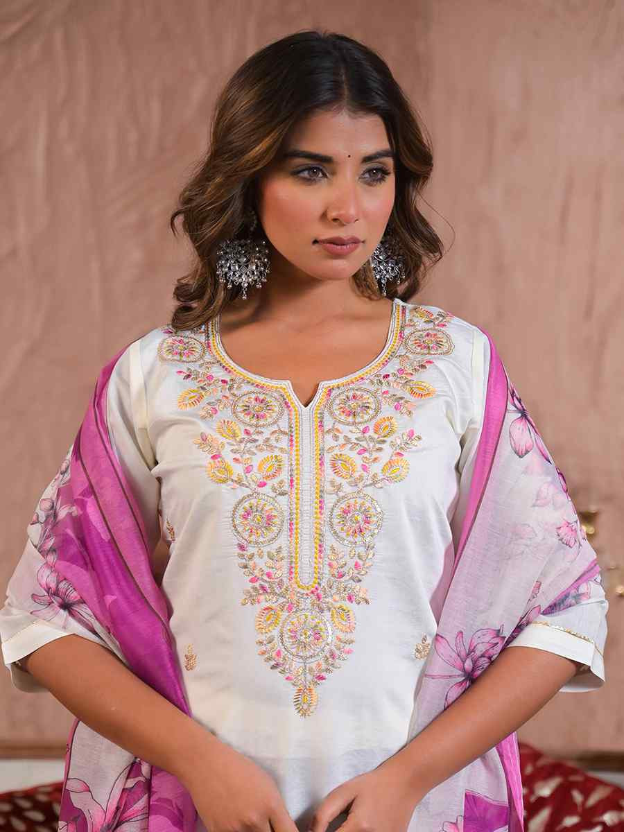 Off White Viscose Chanderi Embroidered Festival Casual Ready Pant Salwar Kameez