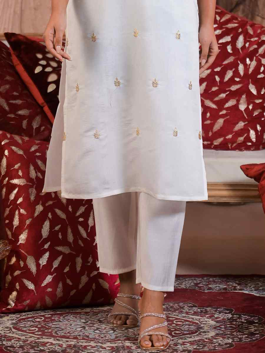 Off White Viscose Chanderi Embroidered Festival Casual Ready Pant Salwar Kameez