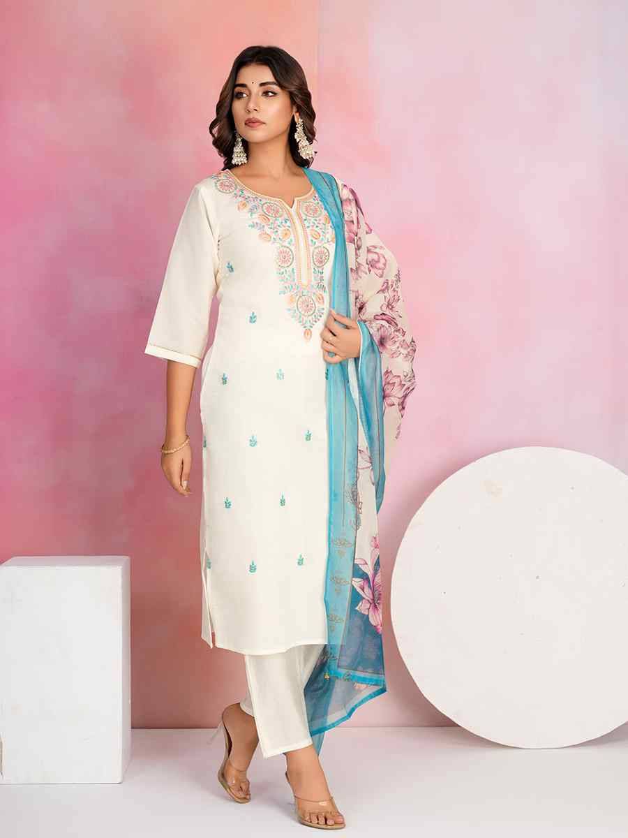 Off White Viscose Chanderi Embroidered Festival Casual Ready Pant Salwar Kameez