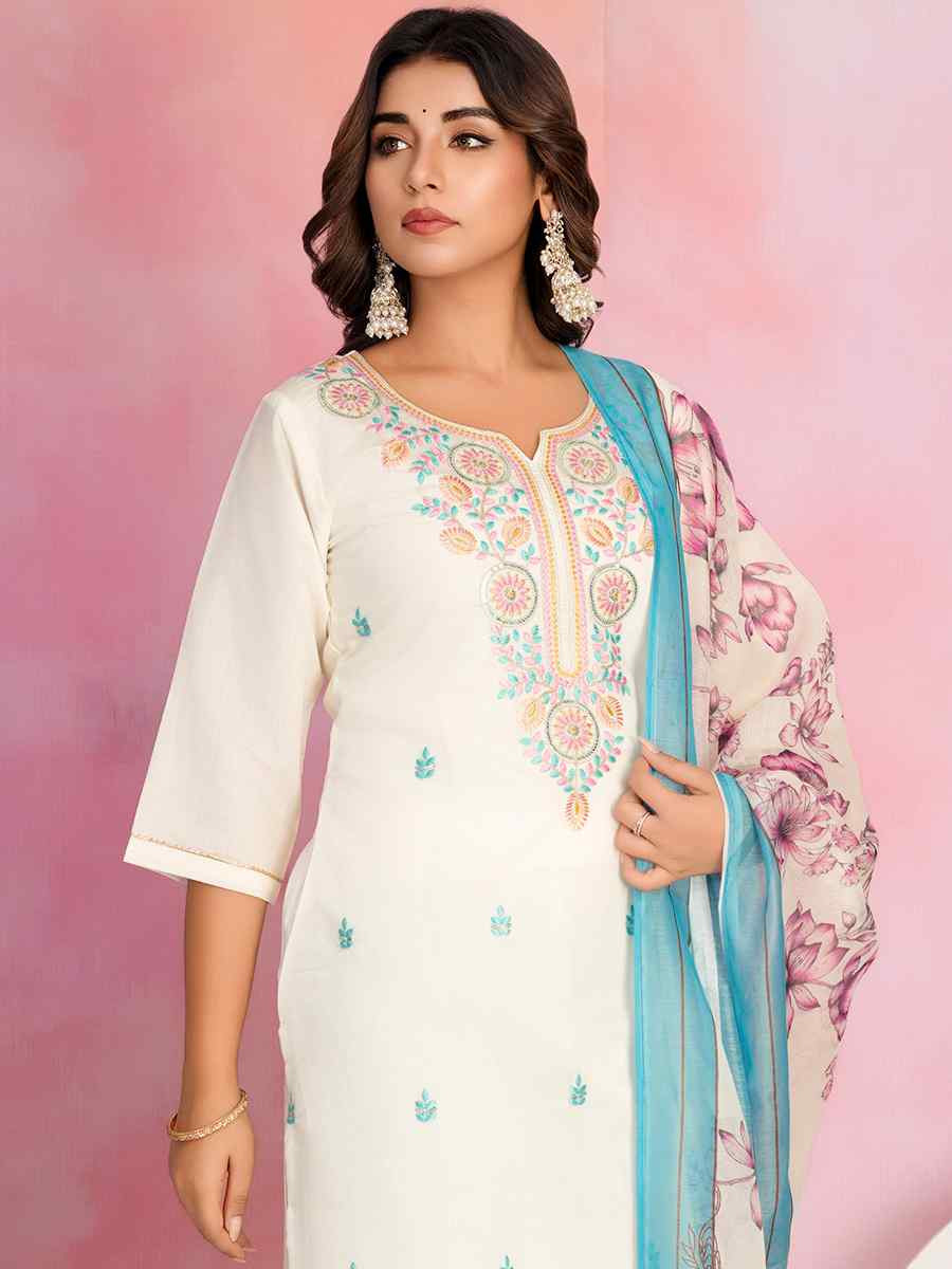 Off White Viscose Chanderi Embroidered Festival Casual Ready Pant Salwar Kameez