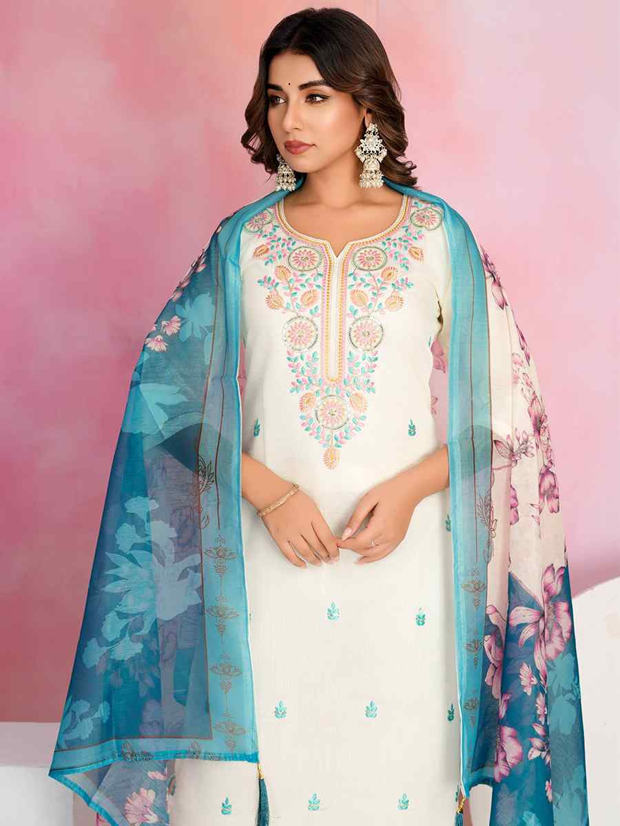 Off White Viscose Chanderi Embroidered Festival Casual Ready Pant Salwar Kameez