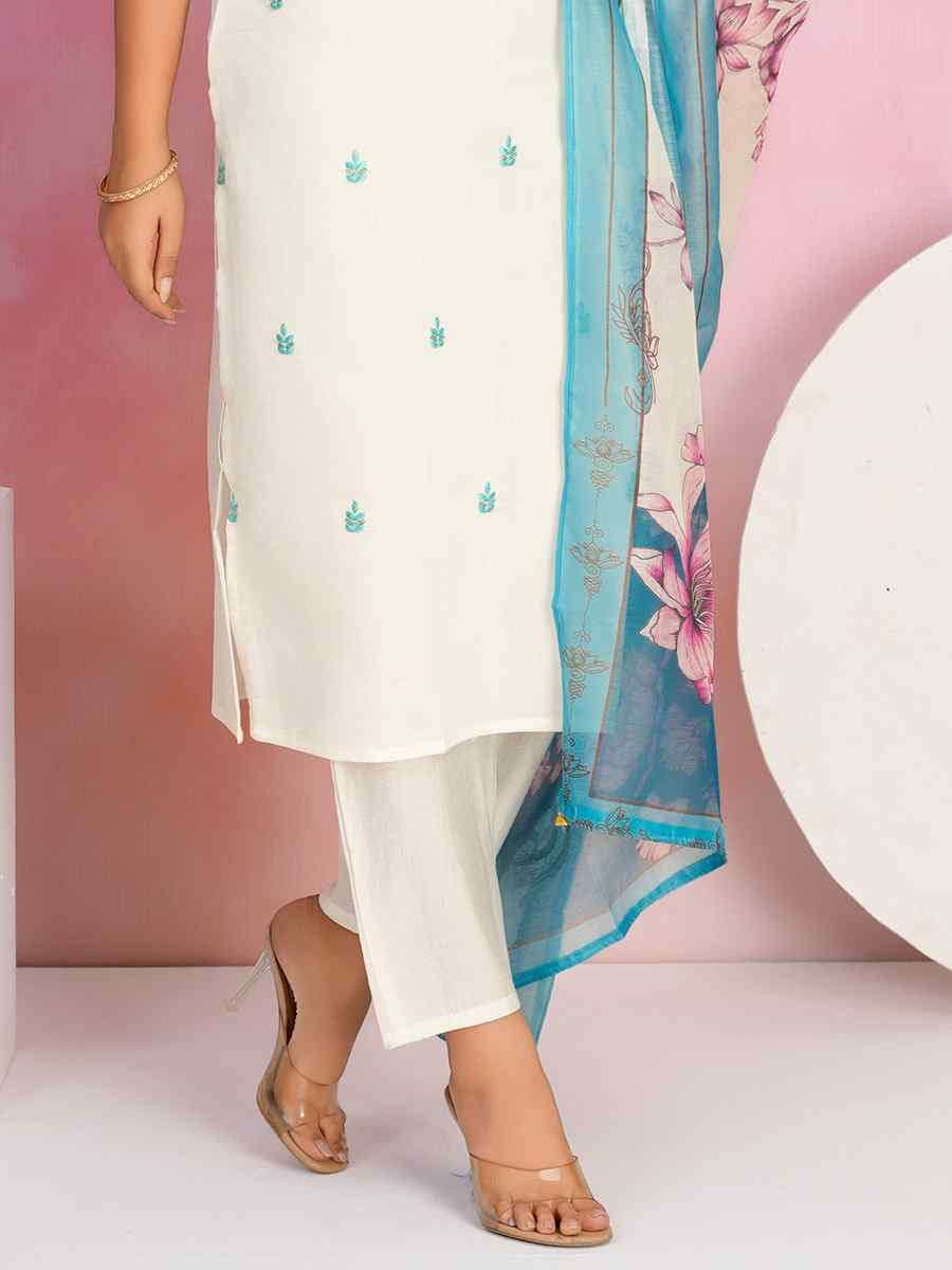 Off White Viscose Chanderi Embroidered Festival Casual Ready Pant Salwar Kameez