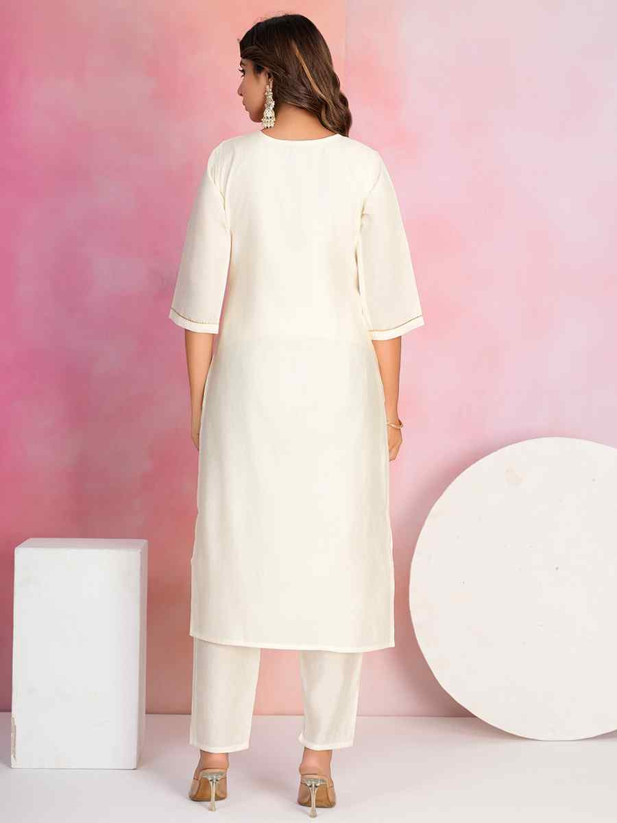 Off White Viscose Chanderi Embroidered Festival Casual Ready Pant Salwar Kameez