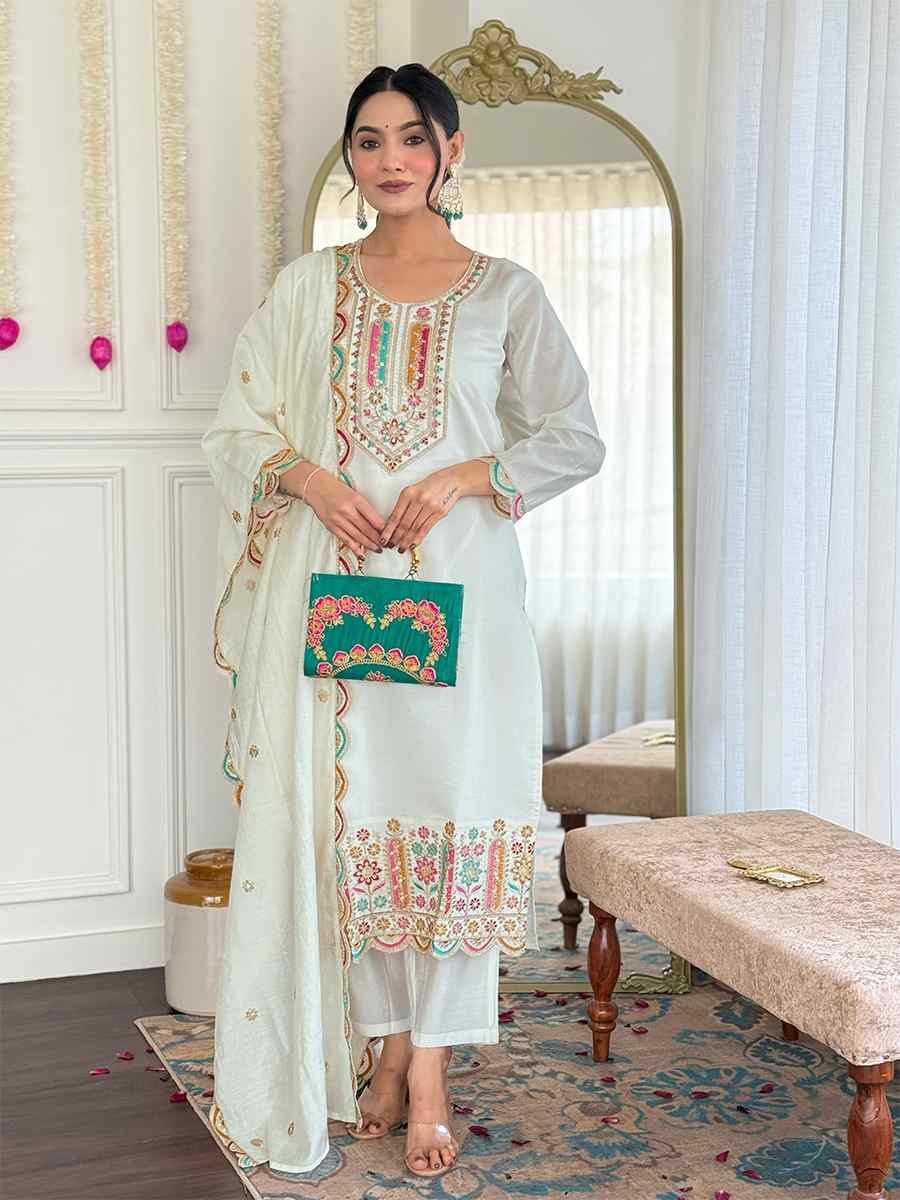 Off White Viscose Chanderi Embroidered Festival Casual Ready Pant Salwar Kameez