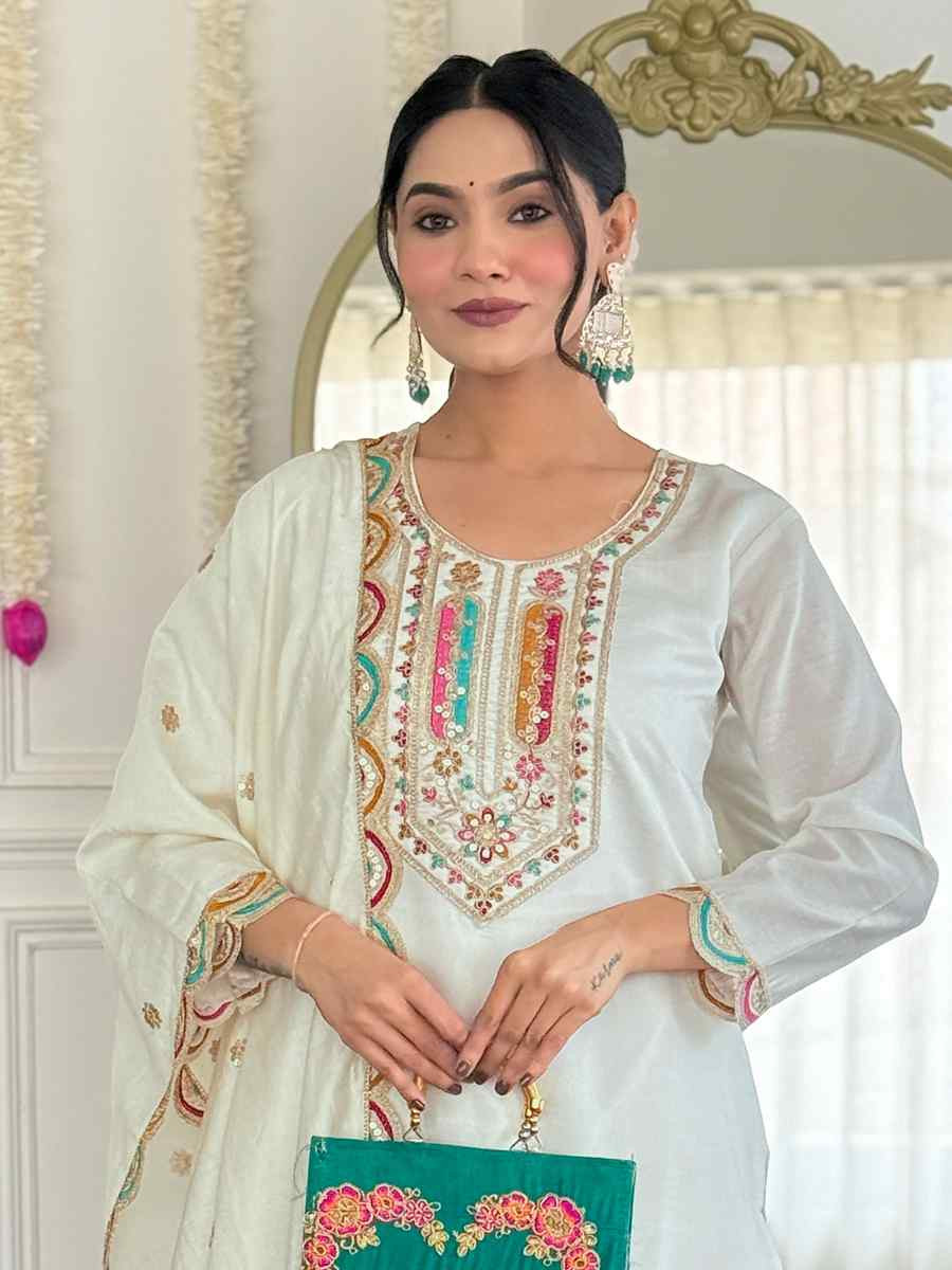 Off White Viscose Chanderi Embroidered Festival Casual Ready Pant Salwar Kameez