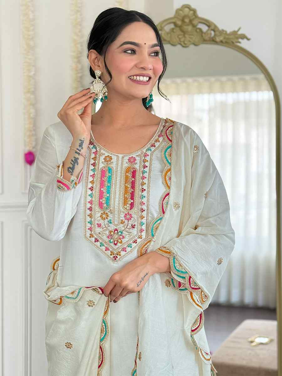 Off White Viscose Chanderi Embroidered Festival Casual Ready Pant Salwar Kameez
