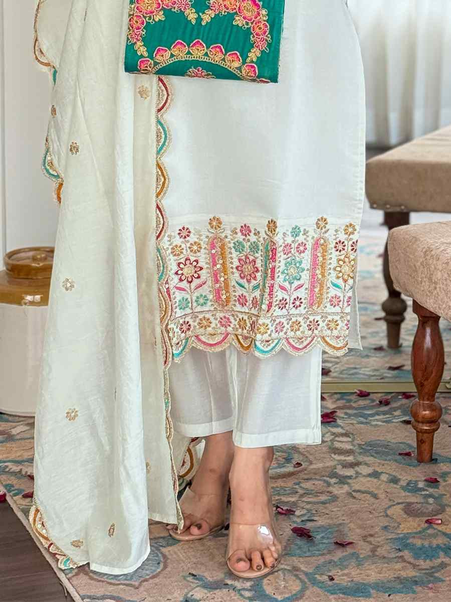 Off White Viscose Chanderi Embroidered Festival Casual Ready Pant Salwar Kameez