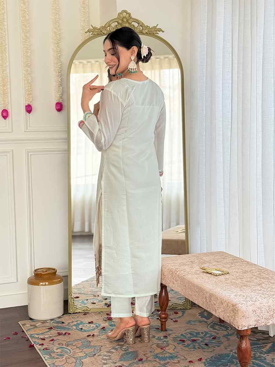 Off White Viscose Chanderi Embroidered Festival Casual Ready Pant Salwar Kameez