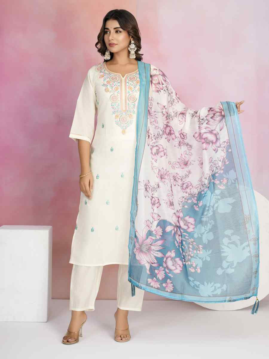 Off White Viscose Chanderi Embroidered Festival Casual Ready Pant Salwar Kameez