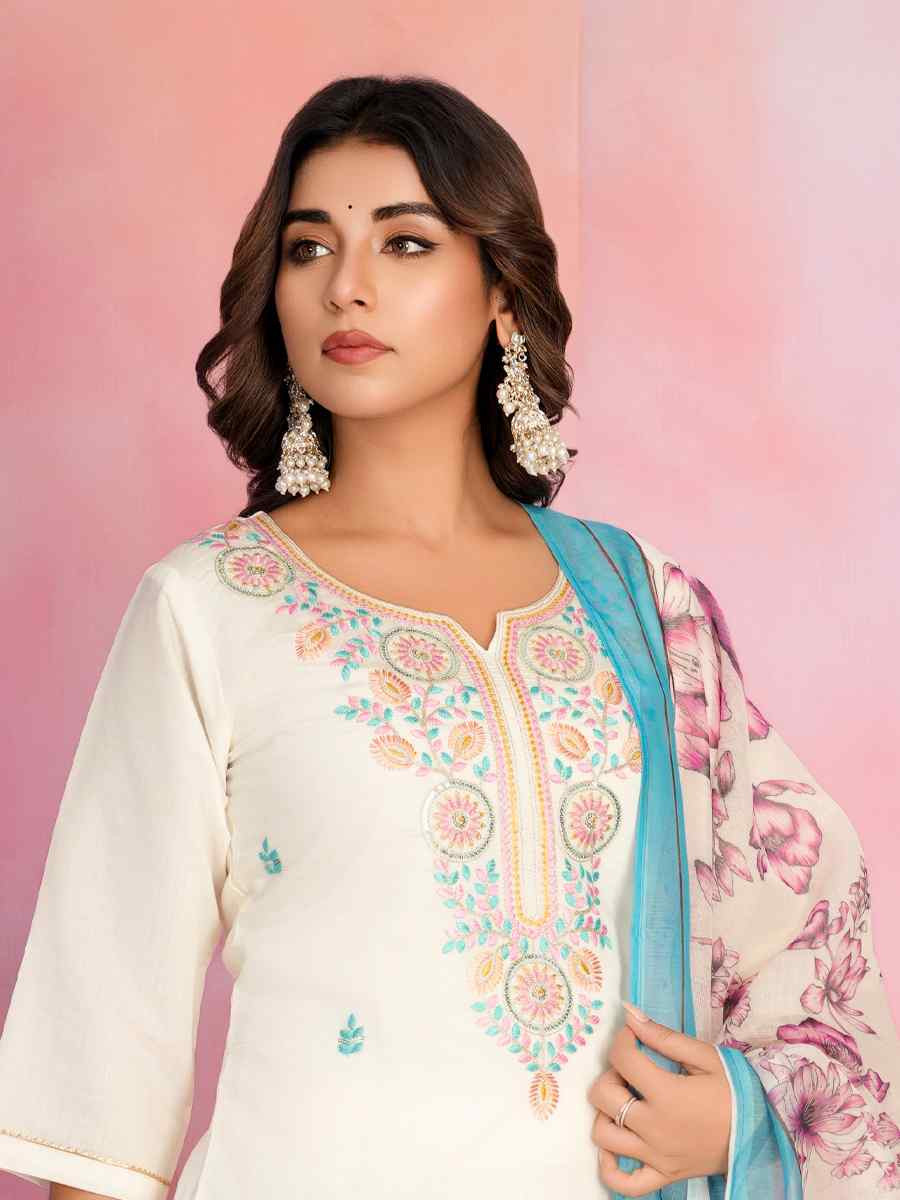 Off White Viscose Chanderi Embroidered Festival Casual Ready Pant Salwar Kameez