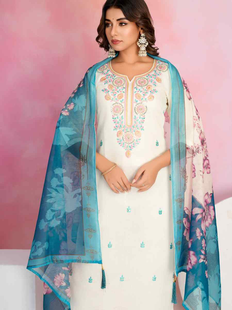 Off White Viscose Chanderi Embroidered Festival Casual Ready Pant Salwar Kameez