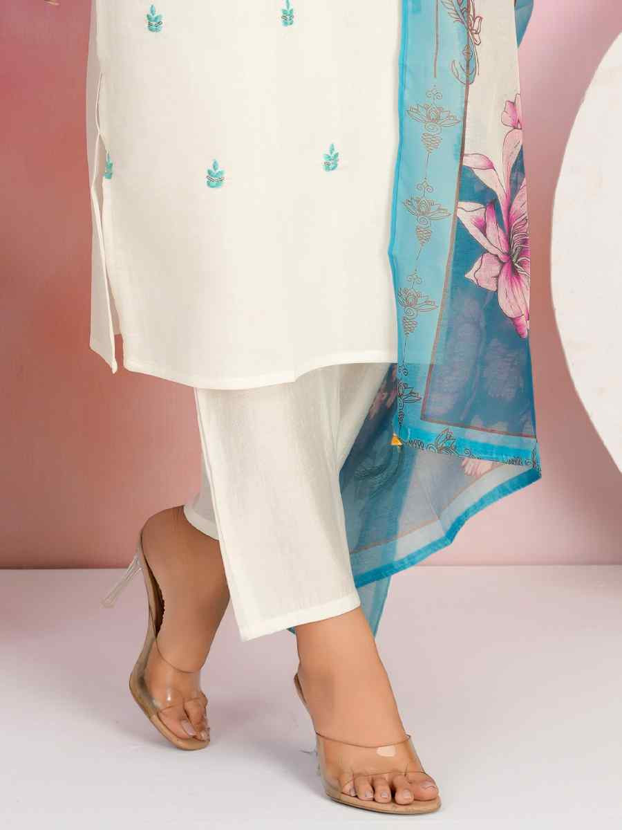 Off White Viscose Chanderi Embroidered Festival Casual Ready Pant Salwar Kameez