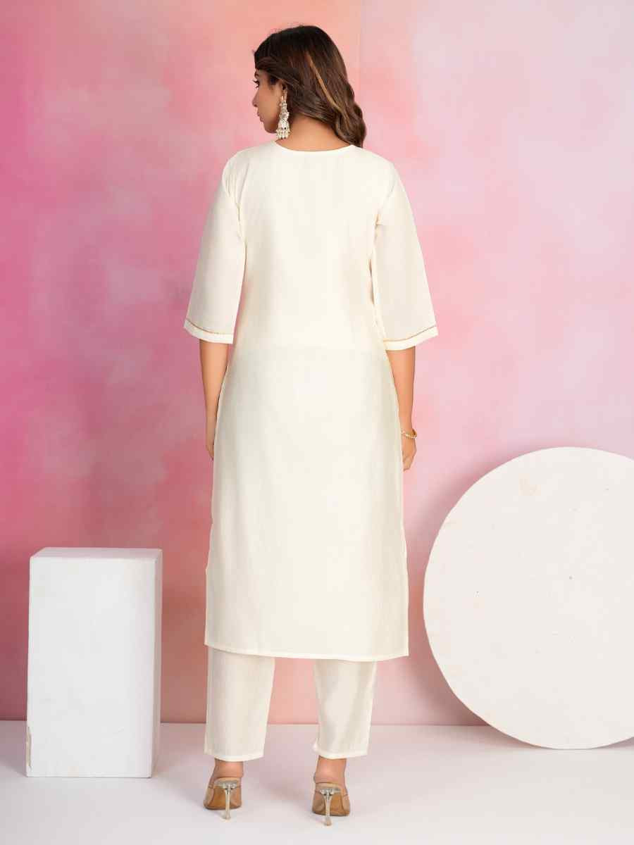Off White Viscose Chanderi Embroidered Festival Casual Ready Pant Salwar Kameez