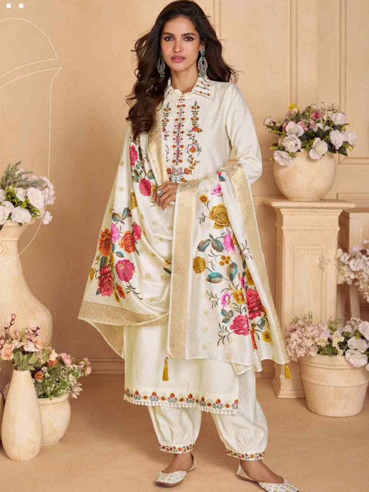 Off-White Viscose Embroidered Festival Mehendi Ready Afghani Pant Salwar Kameez