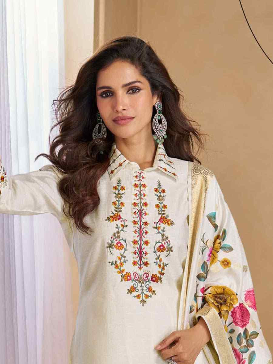 Off-White Viscose Embroidered Festival Mehendi Ready Afghani Pant Salwar Kameez