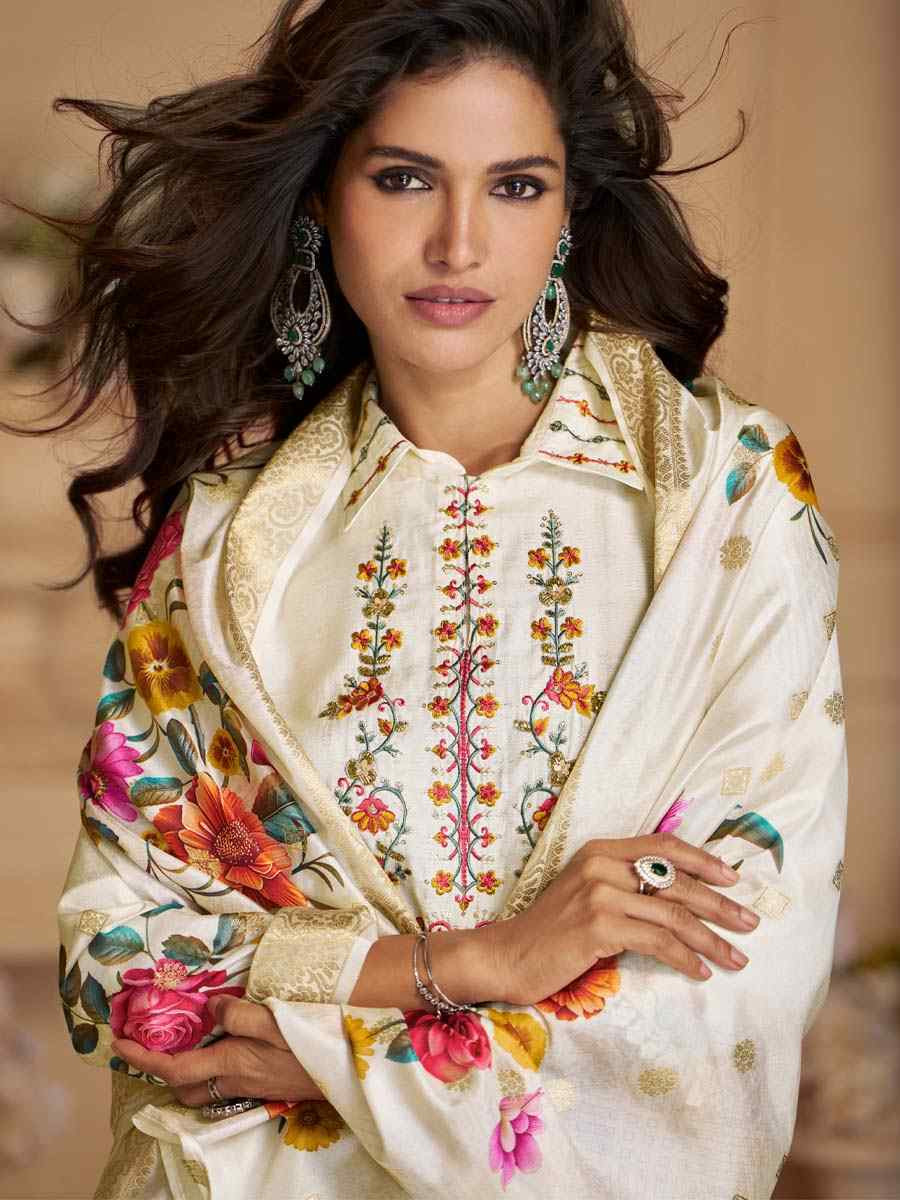 Off-White Viscose Embroidered Festival Mehendi Ready Afghani Pant Salwar Kameez