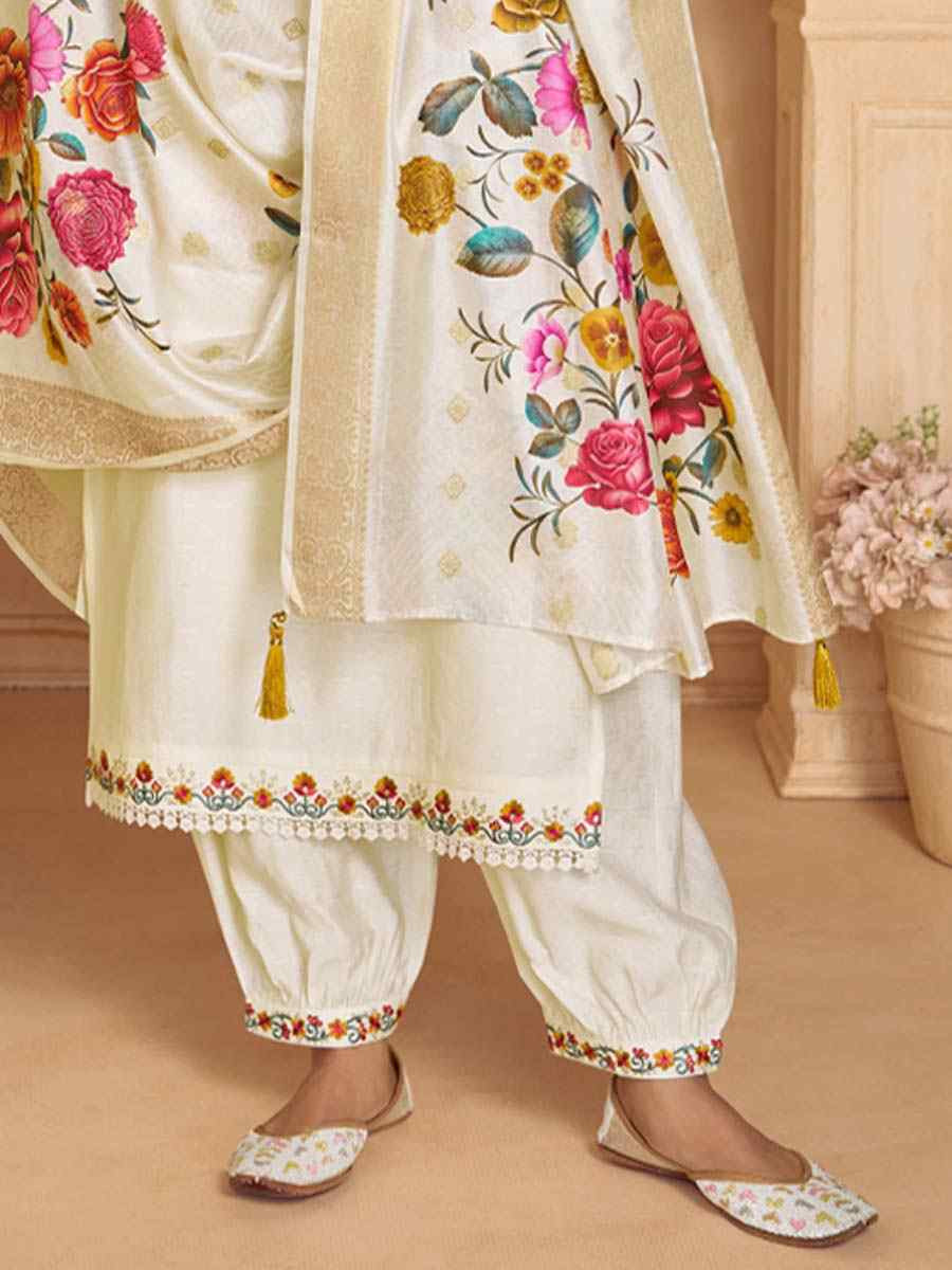 Off-White Viscose Embroidered Festival Mehendi Ready Afghani Pant Salwar Kameez