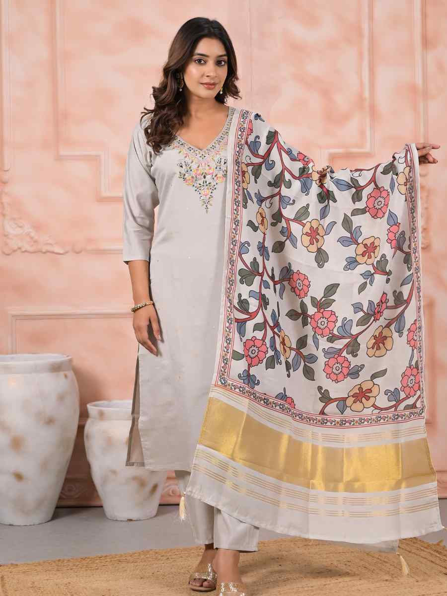 Off White Viscose Embroidered Party Casual Ready Pant Salwar Kameez