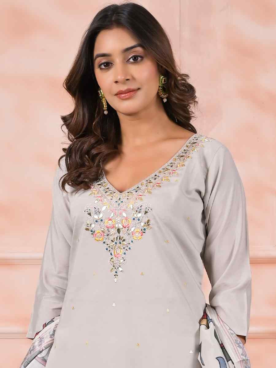 Off White Viscose Embroidered Party Casual Ready Pant Salwar Kameez