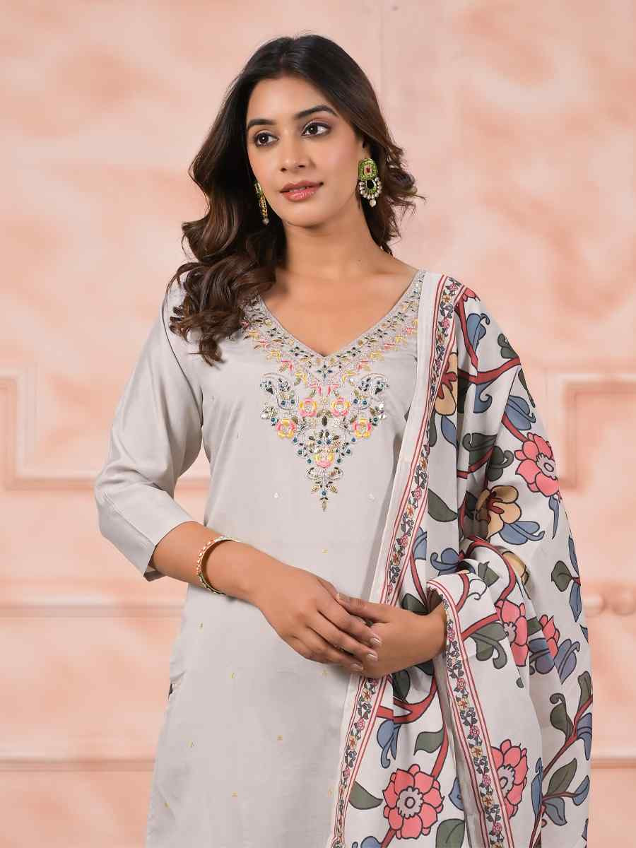 Off White Viscose Embroidered Party Casual Ready Pant Salwar Kameez