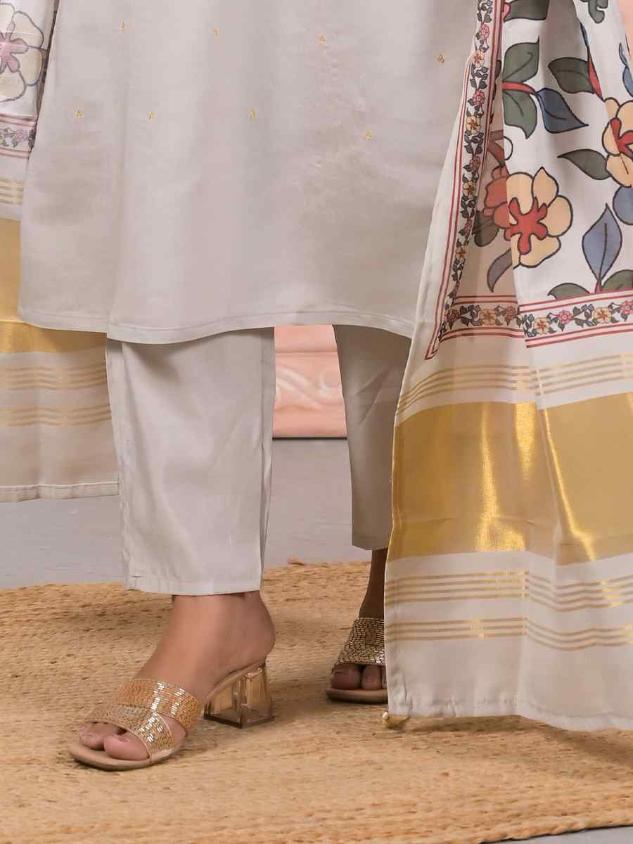 Off White Viscose Embroidered Party Casual Ready Pant Salwar Kameez