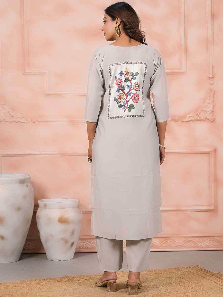 Off White Viscose Embroidered Party Casual Ready Pant Salwar Kameez