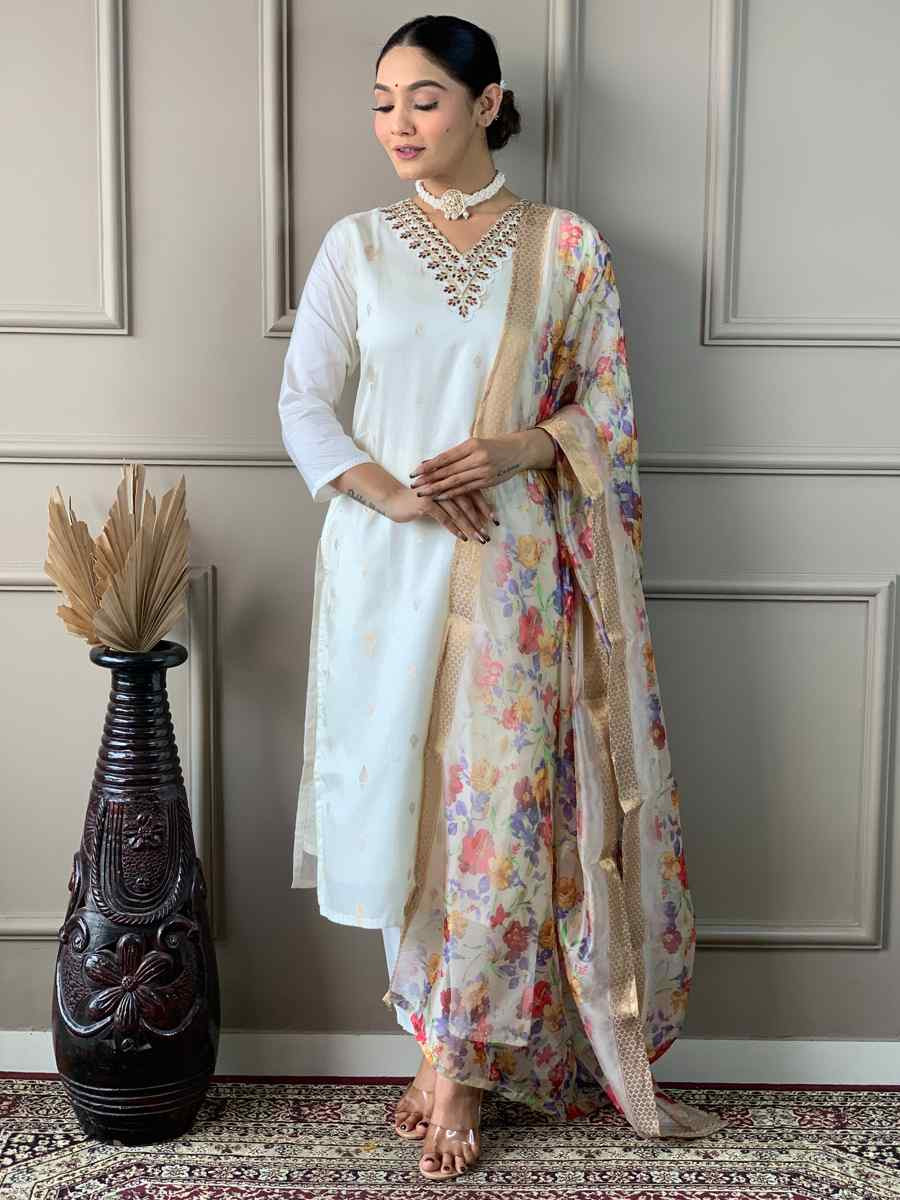 Off White Viscose Nylon Embroidered Festival Casual Ready Pant Salwar Kameez