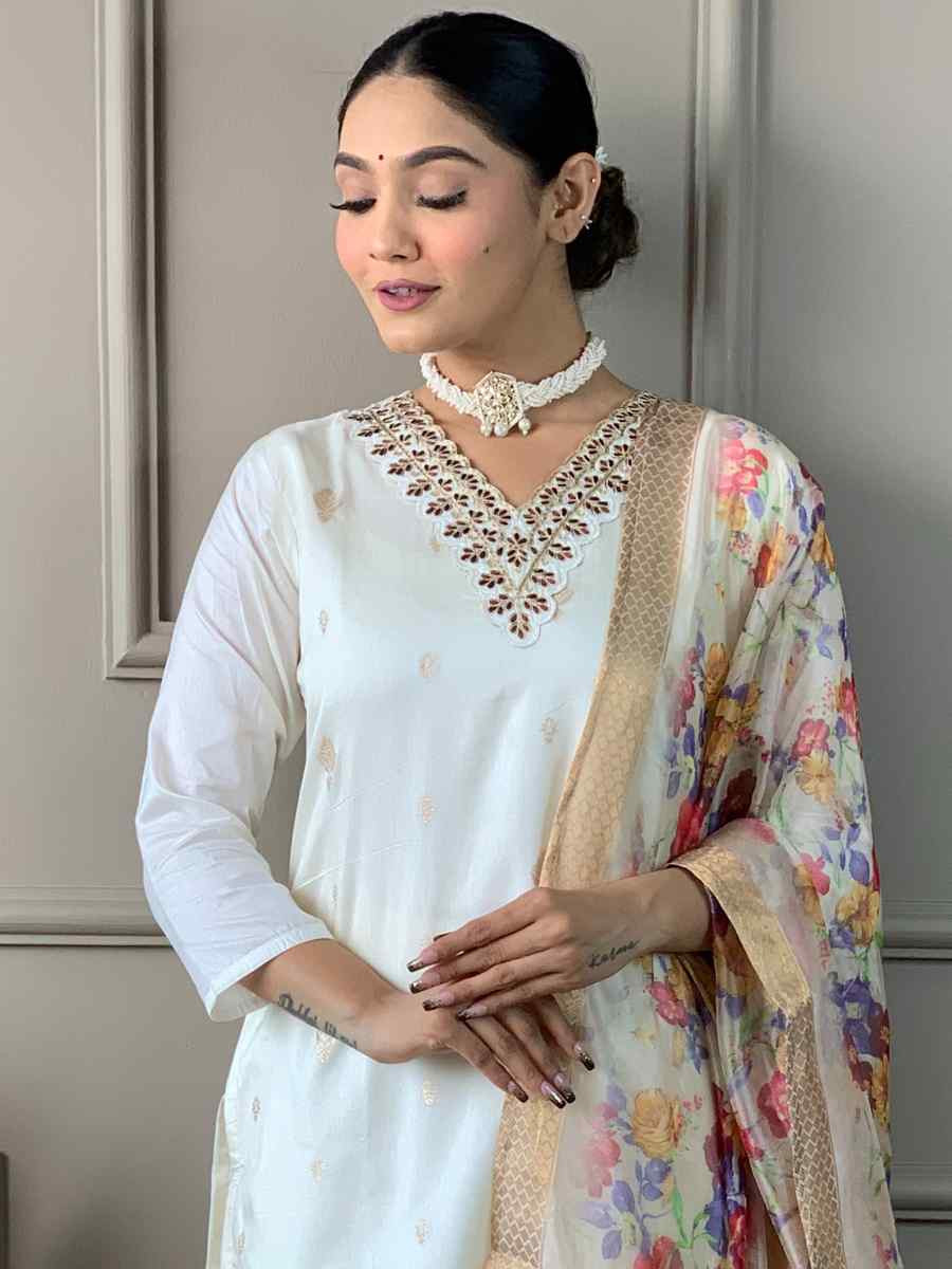 Off White Viscose Nylon Embroidered Festival Casual Ready Pant Salwar Kameez