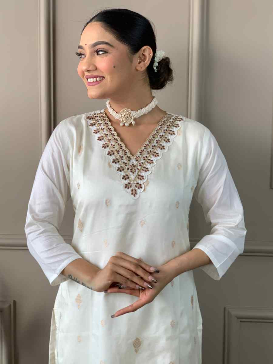 Off White Viscose Nylon Embroidered Festival Casual Ready Pant Salwar Kameez