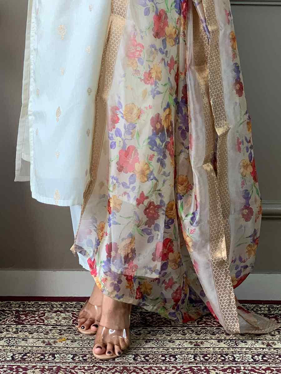 Off White Viscose Nylon Embroidered Festival Casual Ready Pant Salwar Kameez