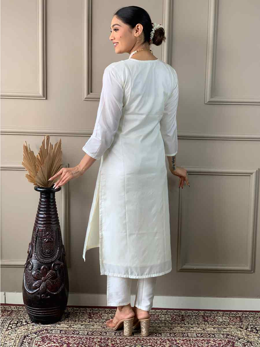 Off White Viscose Nylon Embroidered Festival Casual Ready Pant Salwar Kameez