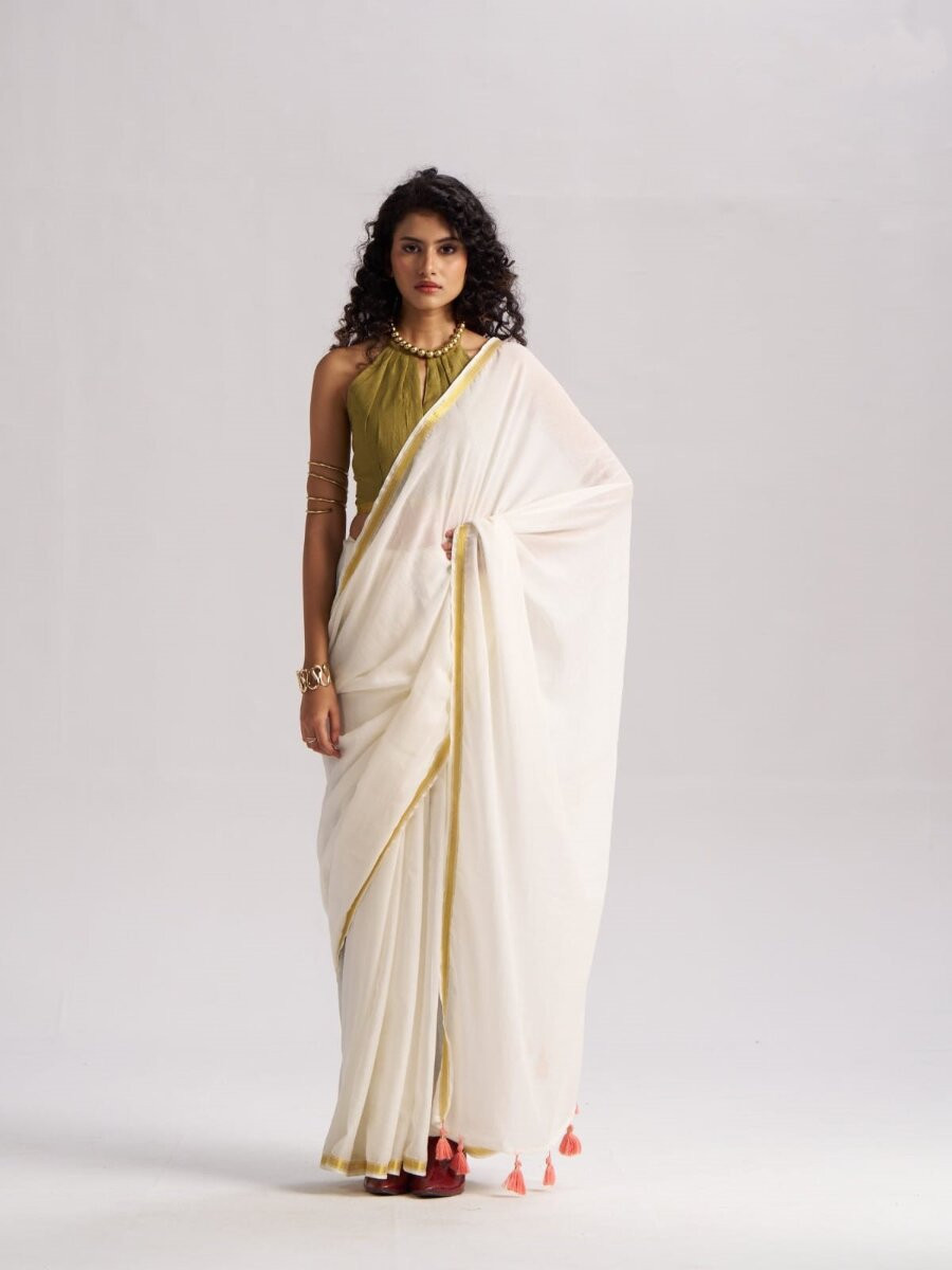 Off White Viscose Plain Casual Party Festival Wedding Fancy Classic Style Sarees