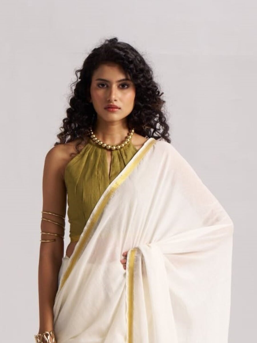 Off White Viscose Plain Casual Party Festival Wedding Fancy Classic Style Sarees
